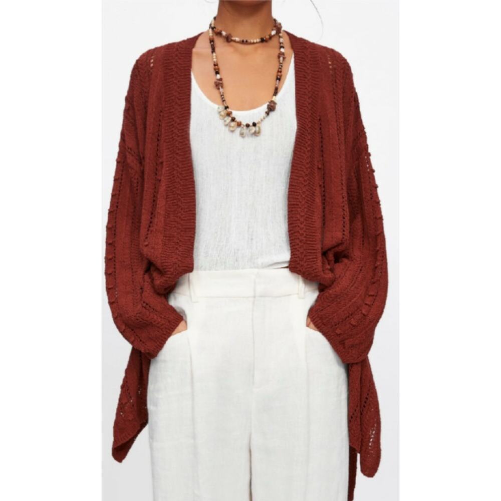 NWOT ZARA Cardigan Women S Maroon-Red Open Style Chunky-Cable-Knit Cotton Long